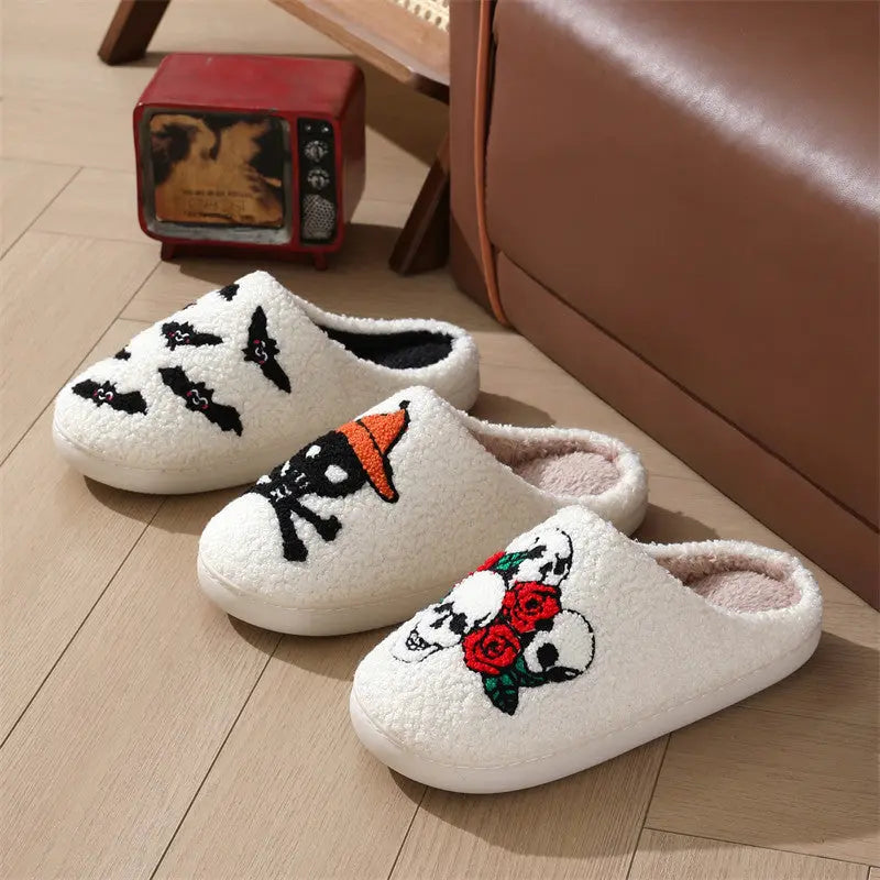 Halloween Skull Rose Slippers Winter Warm Indoor Floor Bedroom Home Slipper For Women Backdrop Bliss