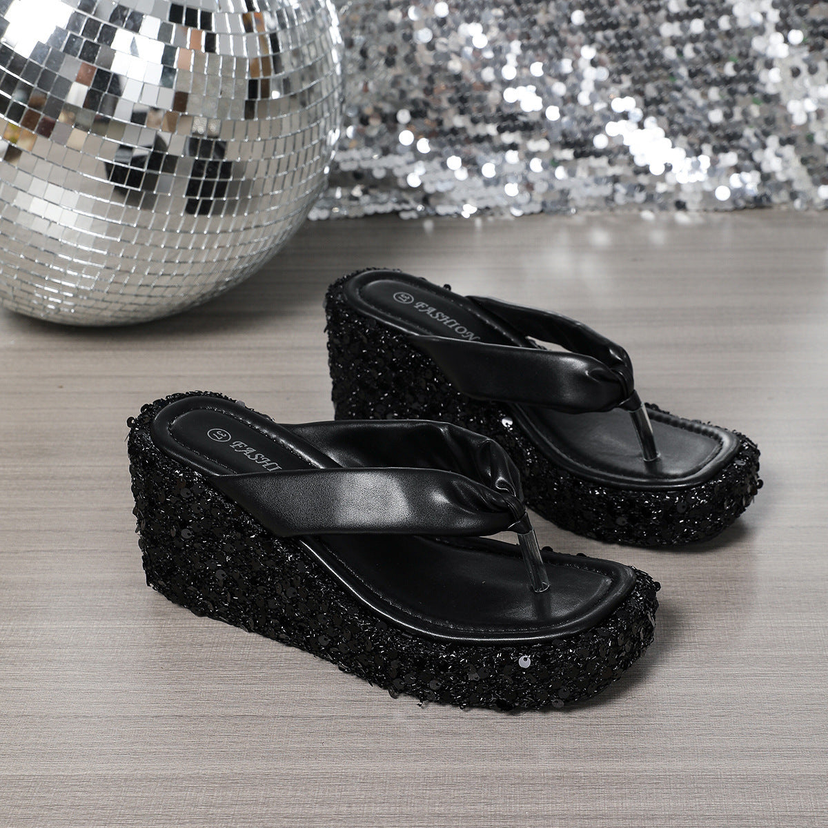 High Heels Wedge Sandals With Sequins Shiny Height Increasing Platform Flip Flops Women's Thick Bottom Shoes Beach Summer - Backdrop Bliss