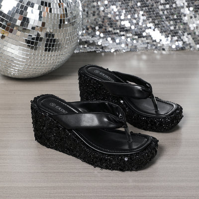 High Heels Wedge Sandals With Sequins Shiny Height Increasing Platform Flip Flops Women's Thick Bottom Shoes Beach Summer - Backdrop Bliss