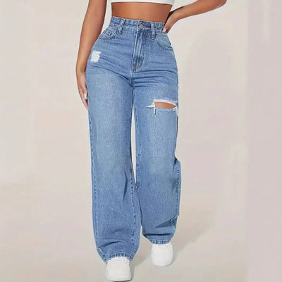 European And American Ladies Washed Hole Denim Trousers - Backdrop BlissEuropean And American Ladies Washed Hole Denim Trousers