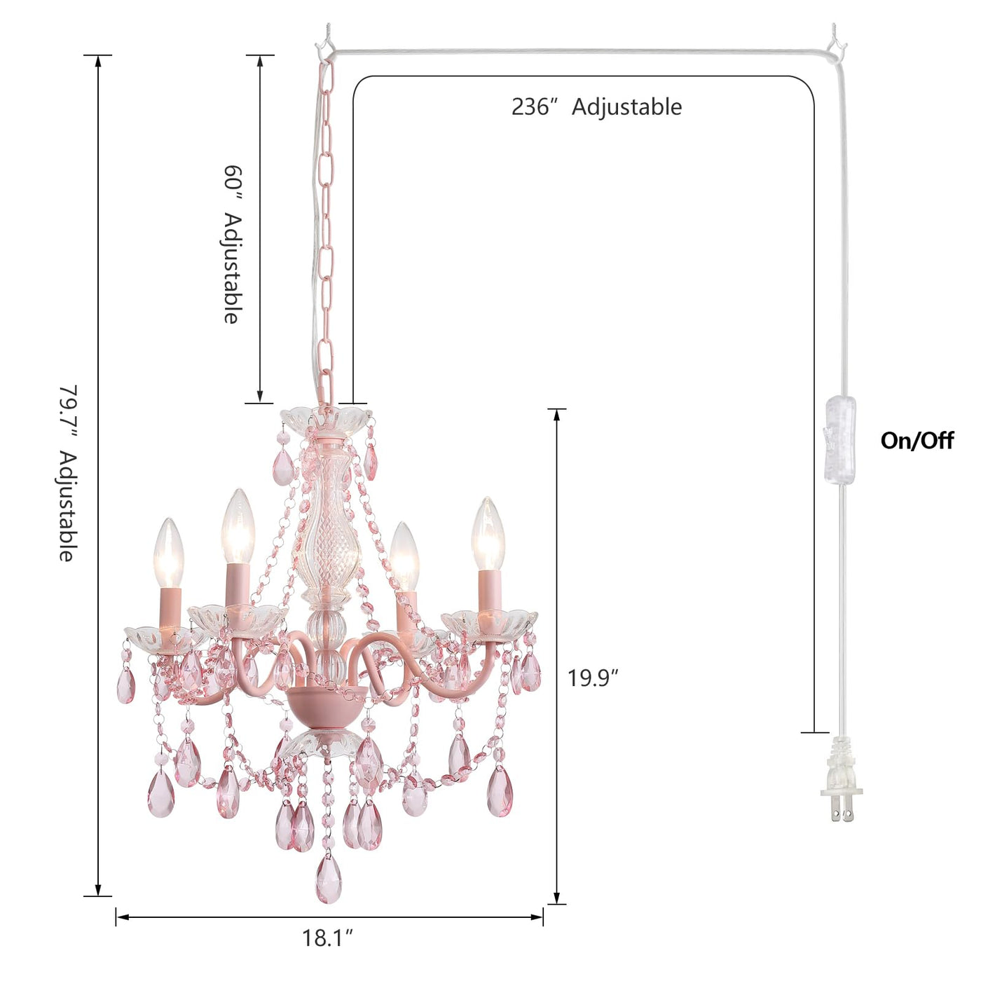 Plug in Crystal Ceramic White Chandelier, Glass Chandeliers,White crystal Hanging Pendant Light with Clear Cord and On/Off, 4 Light Crystal Chandelier for wedding, Kitchen, Dining,Foyer, Mini room Backdrop Bliss