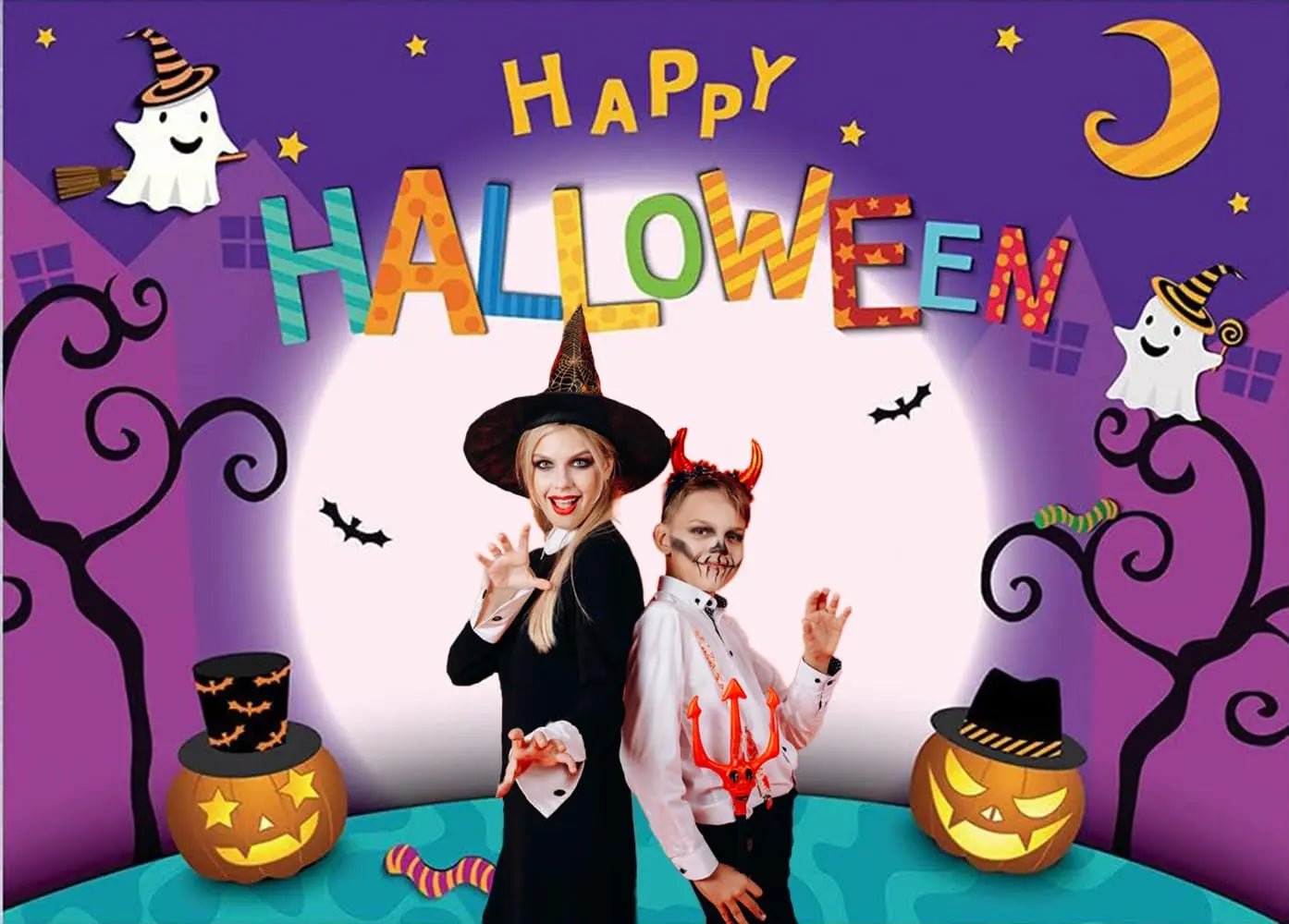 CHAIYA 7x5ft Cartoon Halloween Photo Backdrop - Pumpkin Moon Party Decorations - CY - 137 - Backdrop BlissCHAIYA 7x5ft Cartoon Halloween Photo Backdrop - Pumpkin Moon Party Decorations - CY - 137
