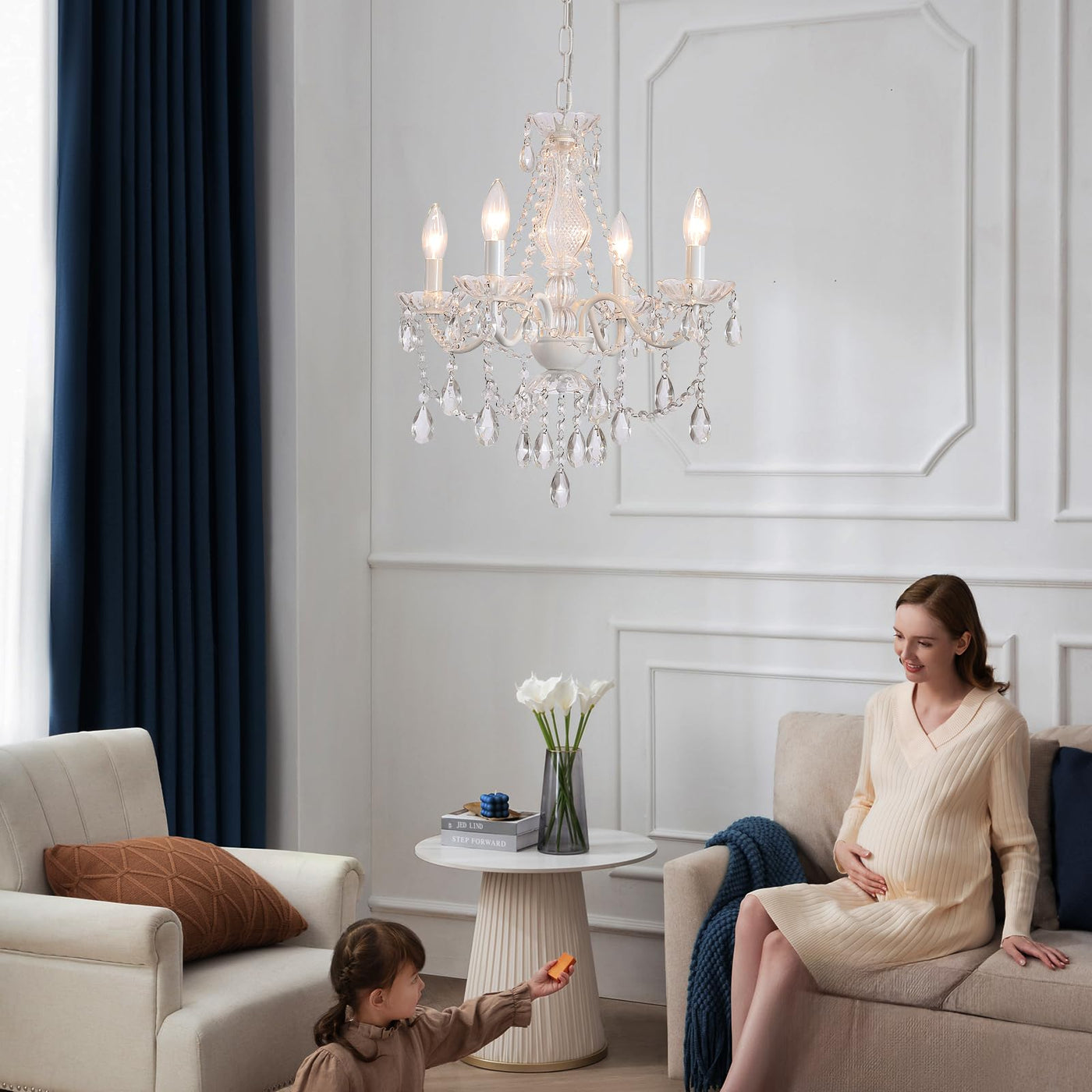 Plug in Crystal Ceramic White Chandelier, Glass Chandeliers,White crystal Hanging Pendant Light with Clear Cord and On/Off, 4 Light Crystal Chandelier for wedding, Kitchen, Dining,Foyer, Mini room Backdrop Bliss