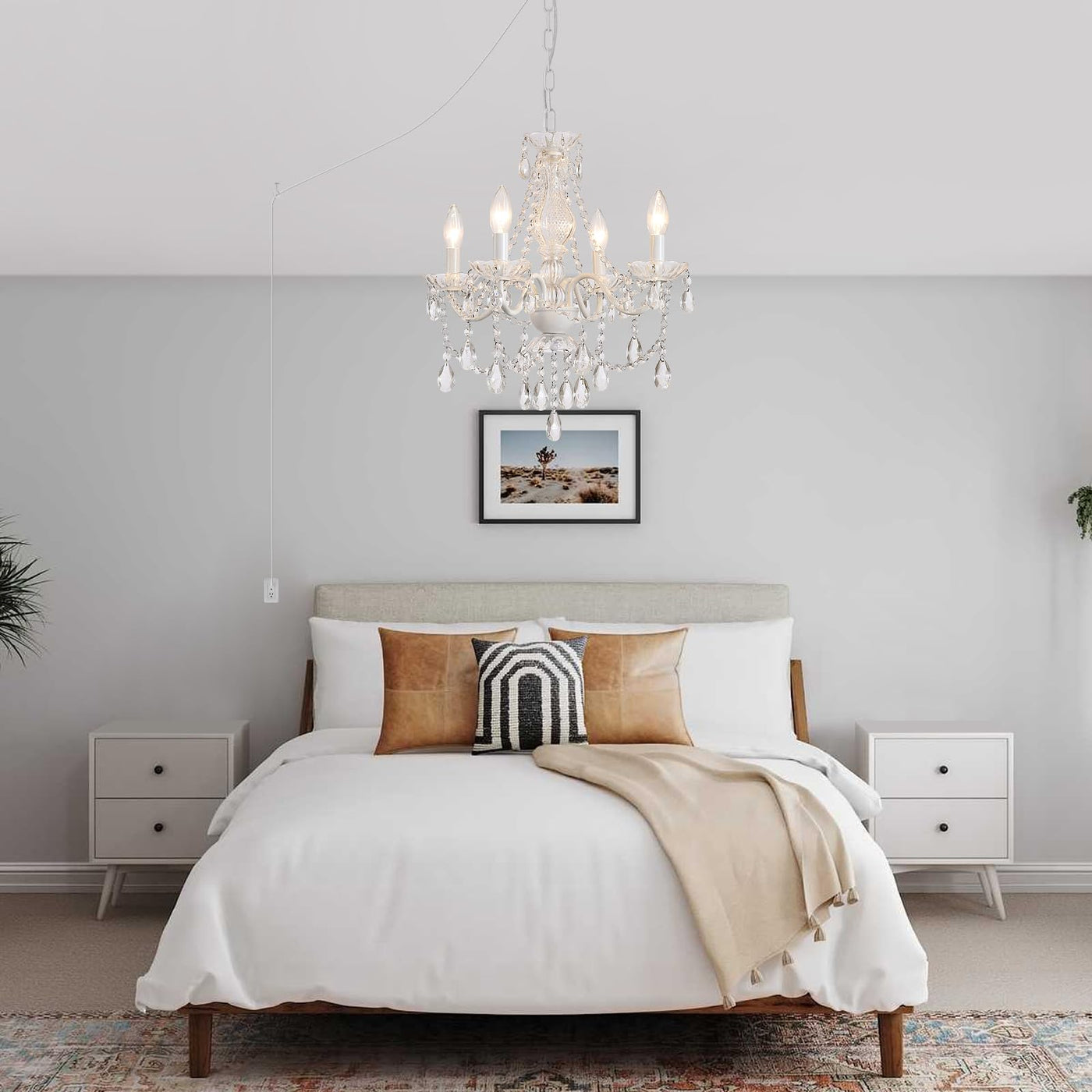 Plug in Crystal Ceramic White Chandelier, Glass Chandeliers,White crystal Hanging Pendant Light with Clear Cord and On/Off, 4 Light Crystal Chandelier for wedding, Kitchen, Dining,Foyer, Mini room Backdrop Bliss