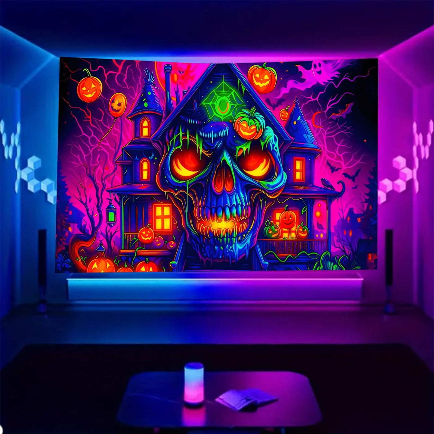 BSFHH Halloween Black Light Tapestry – UV Reactive Glow in the Dark Wall Hanging, Spooky Night Scene with Ghosts & Pumpkins, Haunting Home Decor for Parties, Bedroom, or Dorm (Haunted Houses, 79L" x 59W", Unframed) Backdrop Bliss