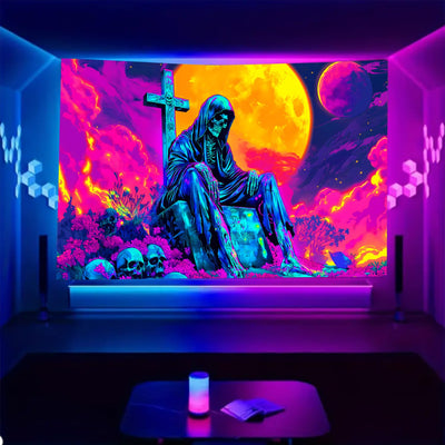 BSFHH Halloween Black Light Tapestry – UV Reactive Glow in the Dark Wall Hanging, Spooky Night Scene with Ghosts & Pumpkins, Haunting Home Decor for Parties, Bedroom, or Dorm (Haunted Houses, 79L" x 59W", Unframed) Backdrop Bliss