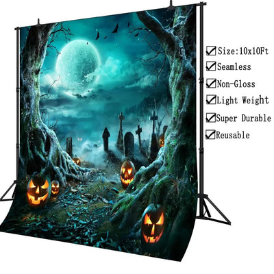 8X6FT Halloween Backdrop Photography Background Horror Moon Night Scary Cemetery Pumpkin Lantern Backdrop for Kids Adult Family Party Birthday Banner Decor Halloween Photo Backdrop SCO297B - Backdrop Bliss8X6FT Halloween Backdrop Photography Background Horror Moon Night Scary Cemetery Pumpkin Lantern Backdrop for Kids Adult Family Party Birthday Banner Decor Halloween Photo Backdrop SCO297B