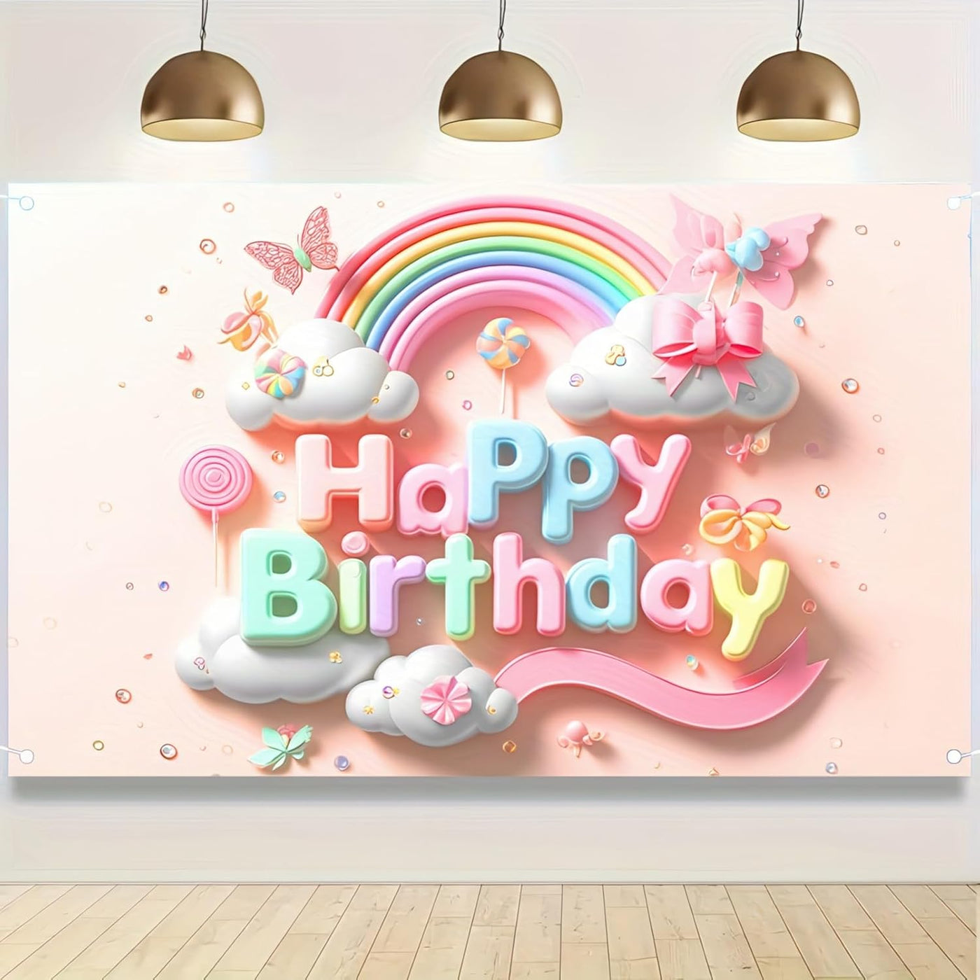 Rainbow Clouds and Butterfly Lollipop Birthday Banner - 71x43 Inch Polyester rainbow banner Photography Backdrop for Birthday Parties Celebrations Home and Garden Decor by Blissyard - Backdrop BlissRainbow Clouds and Butterfly Lollipop Birthday Banner - 71x43 Inch Polyester rainbow banner Photography Backdrop for Birthday Parties Celebrations Home and Garden Decor by Blissyard