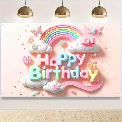 Rainbow Clouds and Butterfly Lollipop Birthday Banner - 71x43 Inch Polyester rainbow banner Photography Backdrop for Birthday Parties Celebrations Home and Garden Decor by Blissyard - Backdrop BlissRainbow Clouds and Butterfly Lollipop Birthday Banner - 71x43 Inch Polyester rainbow banner Photography Backdrop for Birthday Parties Celebrations Home and Garden Decor by Blissyard