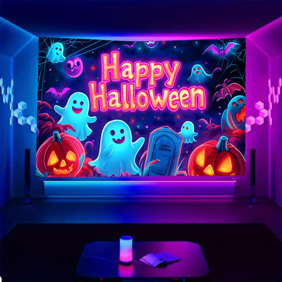 BSFHH Halloween Black Light Tapestry – UV Reactive Glow in the Dark Wall Hanging, Spooky Night Scene with Ghosts & Pumpkins, Haunting Home Decor for Parties, Bedroom, or Dorm (Haunted Houses, 79L" x 59W", Unframed) Backdrop Bliss
