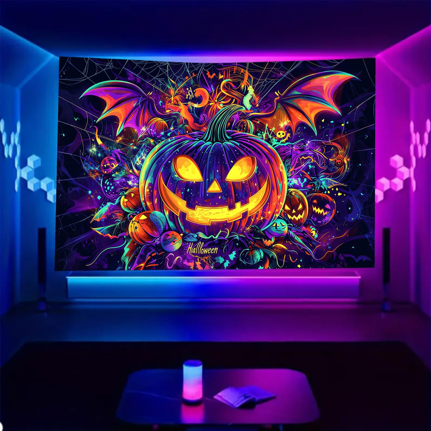 BSFHH Halloween Black Light Tapestry – UV Reactive Glow in the Dark Wall Hanging, Spooky Night Scene with Ghosts & Pumpkins, Haunting Home Decor for Parties, Bedroom, or Dorm (Haunted Houses, 79L" x 59W", Unframed) Backdrop Bliss