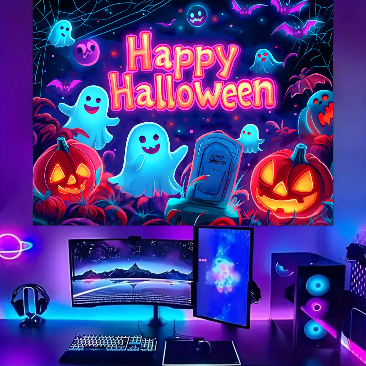 BSFHH Halloween Black Light Tapestry – UV Reactive Glow in the Dark Wall Hanging, Spooky Night Scene with Ghosts & Pumpkins, Haunting Home Decor for Parties, Bedroom, or Dorm (Haunted Houses, 79L" x 59W", Unframed) Backdrop Bliss