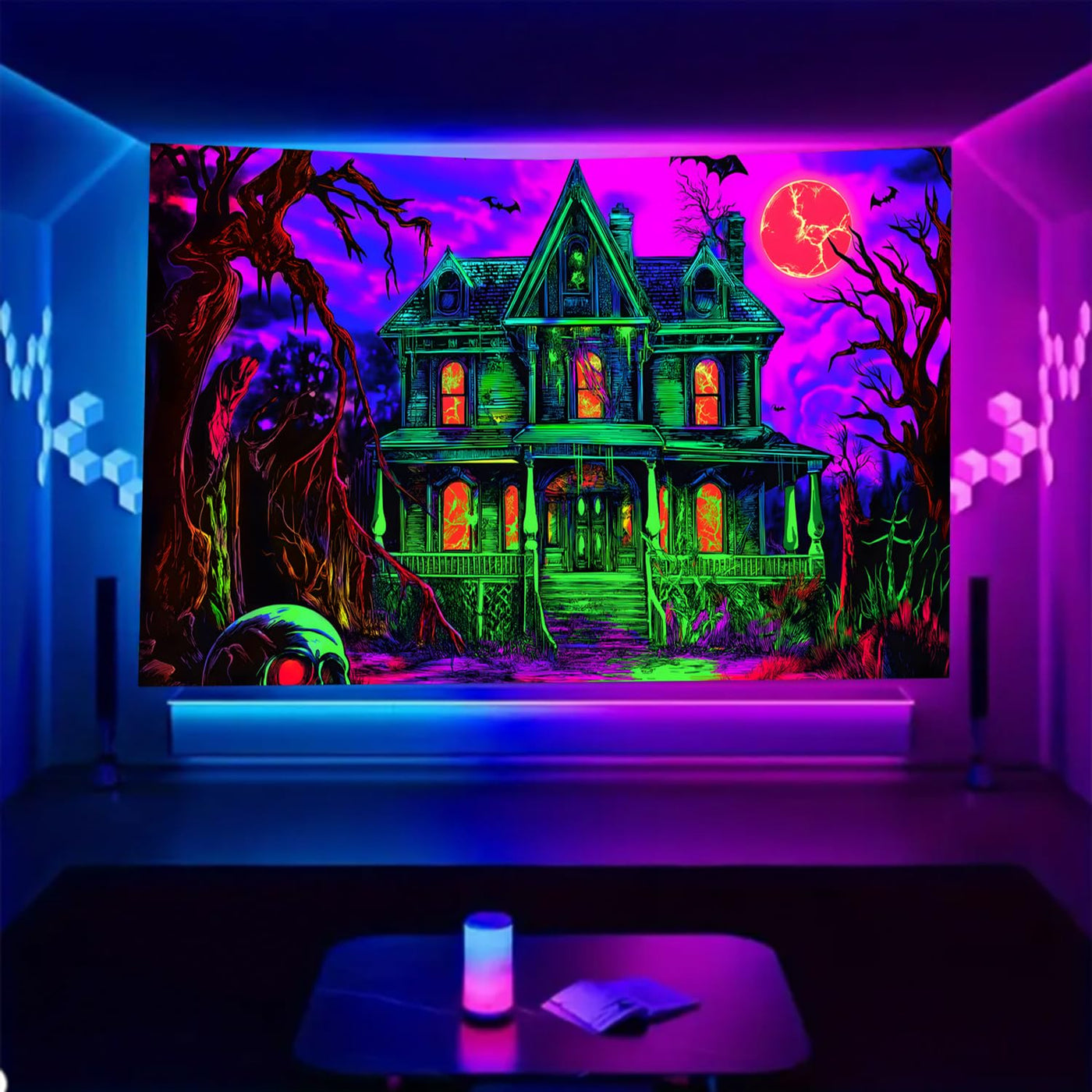 BSFHH Halloween Black Light Tapestry – UV Reactive Glow in the Dark Wall Hanging, Spooky Night Scene with Ghosts & Pumpkins, Haunting Home Decor for Parties, Bedroom, or Dorm (Haunted Houses, 79L" x 59W", Unframed) Backdrop Bliss
