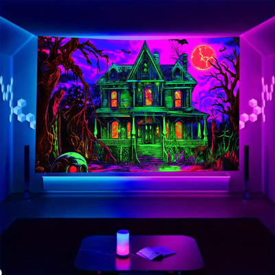 BSFHH Halloween Black Light Tapestry – UV Reactive Glow in the Dark Wall Hanging, Spooky Night Scene with Ghosts & Pumpkins, Haunting Home Decor for Parties, Bedroom, or Dorm (Haunted Houses, 79L" x 59W", Unframed) Backdrop Bliss