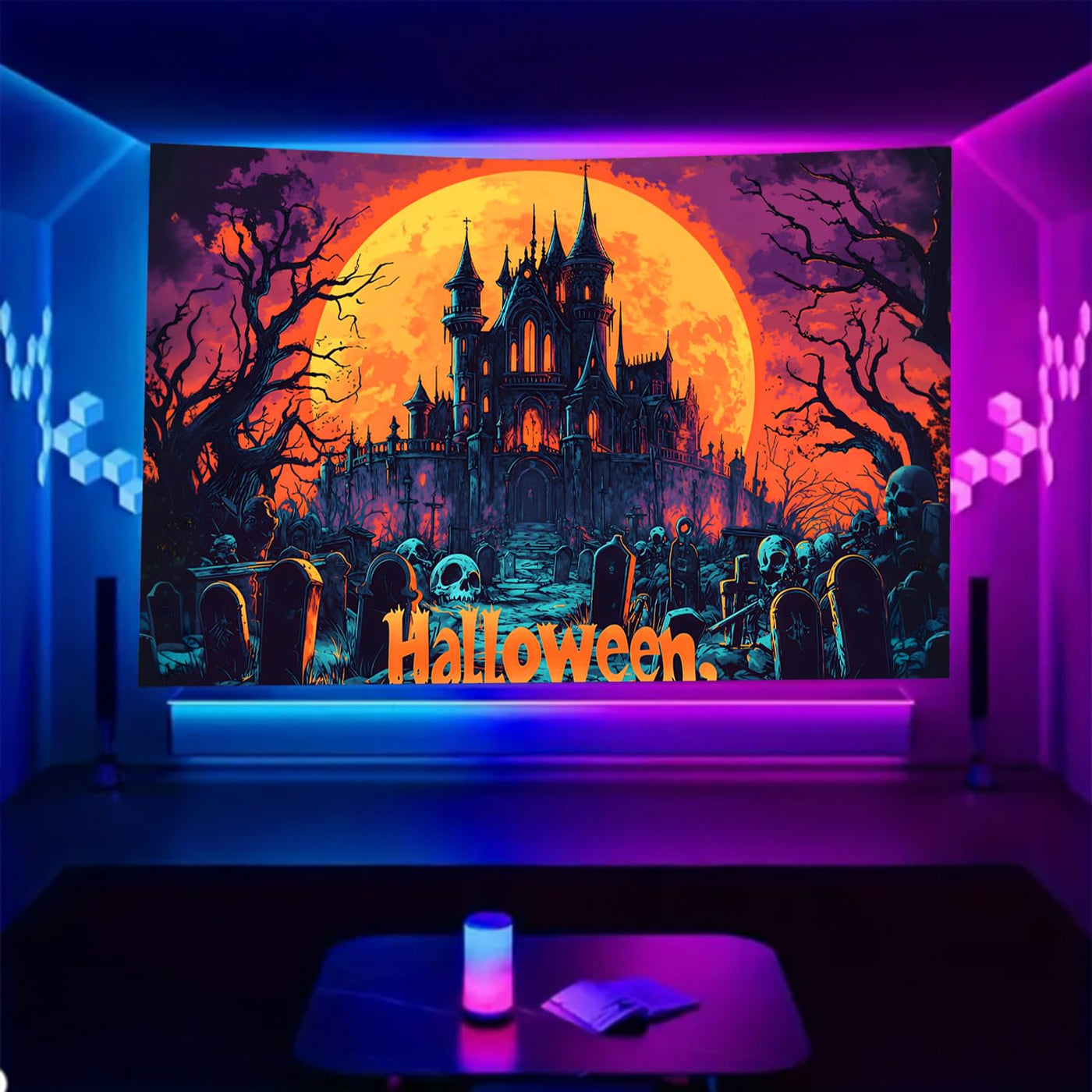 BSFHH Halloween Black Light Tapestry – UV Reactive Glow in the Dark Wall Hanging, Spooky Night Scene with Ghosts & Pumpkins, Haunting Home Decor for Parties, Bedroom, or Dorm (Haunted Houses, 79L" x 59W", Unframed) Backdrop Bliss