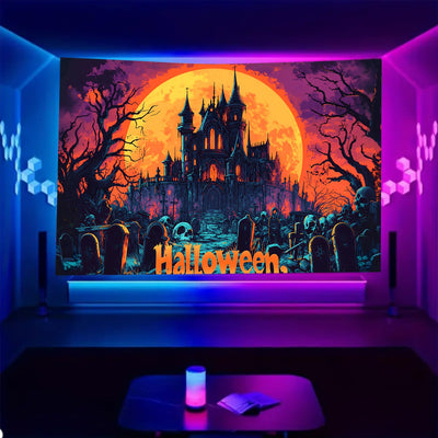 BSFHH Halloween Black Light Tapestry – UV Reactive Glow in the Dark Wall Hanging, Spooky Night Scene with Ghosts & Pumpkins, Haunting Home Decor for Parties, Bedroom, or Dorm (Haunted Houses, 79L" x 59W", Unframed) Backdrop Bliss