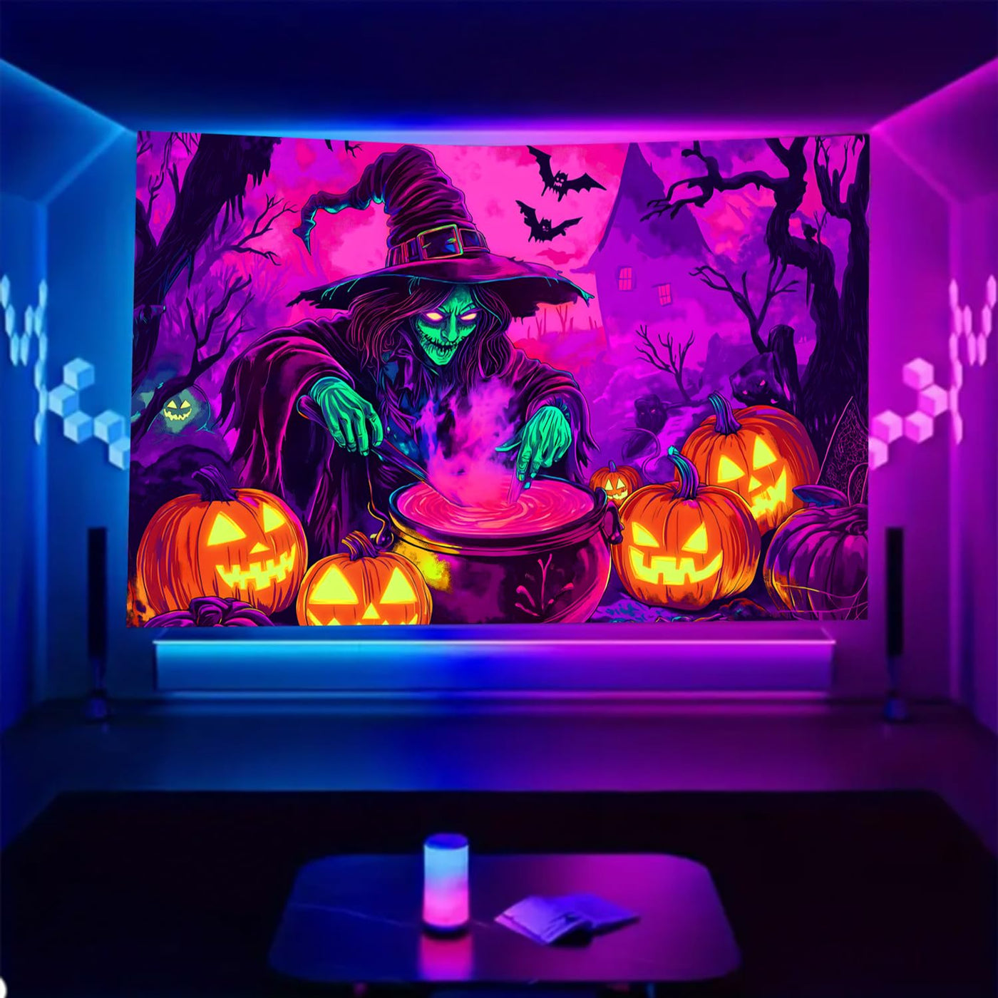 BSFHH Halloween Black Light Tapestry – UV Reactive Glow in the Dark Wall Hanging, Spooky Night Scene with Ghosts & Pumpkins, Haunting Home Decor for Parties, Bedroom, or Dorm (Haunted Houses, 79L" x 59W", Unframed) Backdrop Bliss