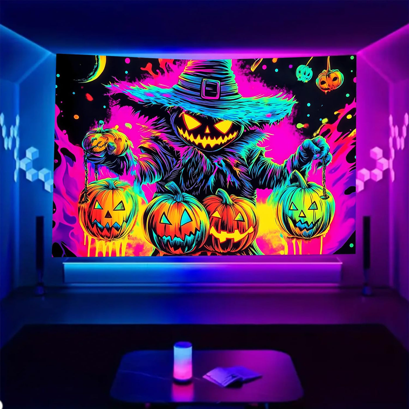 BSFHH Halloween Black Light Tapestry – UV Reactive Glow in the Dark Wall Hanging, Spooky Night Scene with Ghosts & Pumpkins, Haunting Home Decor for Parties, Bedroom, or Dorm (Haunted Houses, 79L" x 59W", Unframed) Backdrop Bliss