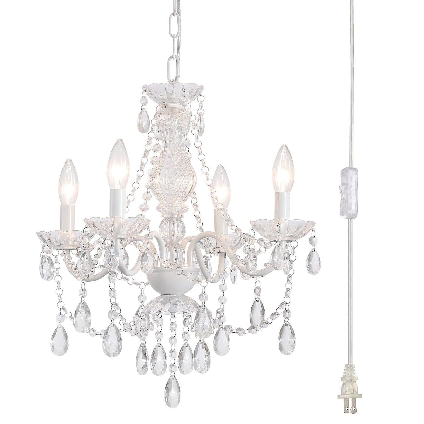 Plug in Crystal Ceramic White Chandelier, Glass Chandeliers,White crystal Hanging Pendant Light with Clear Cord and On/Off, 4 Light Crystal Chandelier for wedding, Kitchen, Dining,Foyer, Mini room Backdrop Bliss