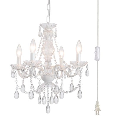 Plug in Crystal Ceramic White Chandelier, Glass Chandeliers,White crystal Hanging Pendant Light with Clear Cord and On/Off, 4 Light Crystal Chandelier for wedding, Kitchen, Dining,Foyer, Mini room Backdrop Bliss