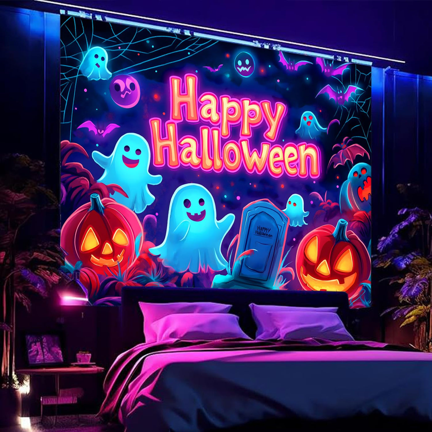 BSFHH Halloween Black Light Tapestry – UV Reactive Glow in the Dark Wall Hanging, Spooky Night Scene with Ghosts & Pumpkins, Haunting Home Decor for Parties, Bedroom, or Dorm (Haunted Houses, 79L" x 59W", Unframed) Backdrop Bliss