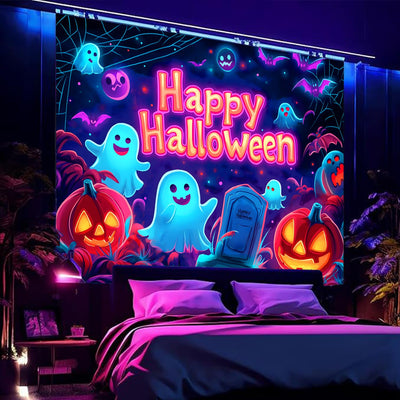 BSFHH Halloween Black Light Tapestry – UV Reactive Glow in the Dark Wall Hanging, Spooky Night Scene with Ghosts & Pumpkins, Haunting Home Decor for Parties, Bedroom, or Dorm (Haunted Houses, 79L" x 59W", Unframed) Backdrop Bliss