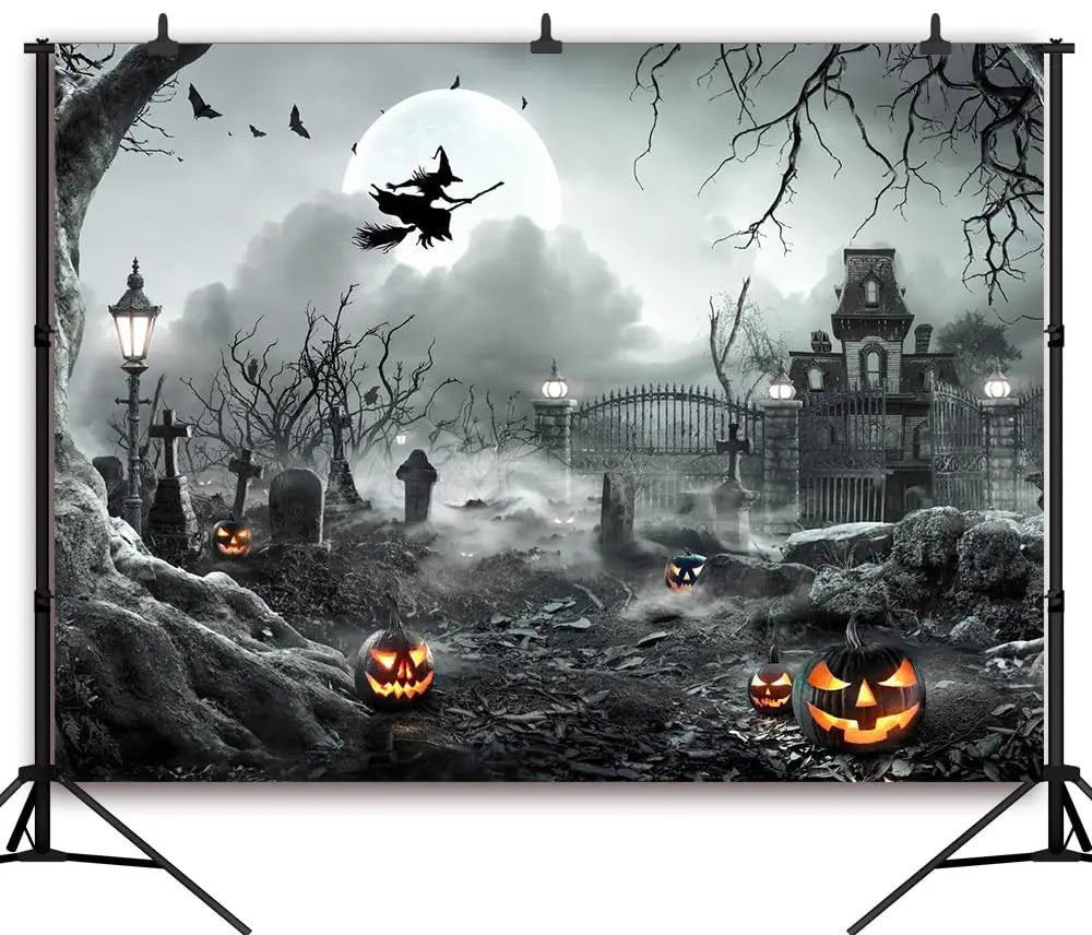 8X6FT Halloween Backdrop Photography Background Horror Moon Night Scary Cemetery Pumpkin Lantern Backdrop for Kids Adult Family Party Birthday Banner Decor Halloween Photo Backdrop SCO297B - Backdrop Bliss8X6FT Halloween Backdrop Photography Background Horror Moon Night Scary Cemetery Pumpkin Lantern Backdrop for Kids Adult Family Party Birthday Banner Decor Halloween Photo Backdrop SCO297B