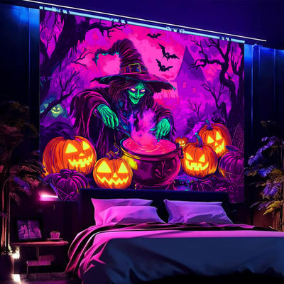 BSFHH Halloween Black Light Tapestry – UV Reactive Glow in the Dark Wall Hanging, Spooky Night Scene with Ghosts & Pumpkins, Haunting Home Decor for Parties, Bedroom, or Dorm (Haunted Houses, 79L" x 59W", Unframed) Backdrop Bliss