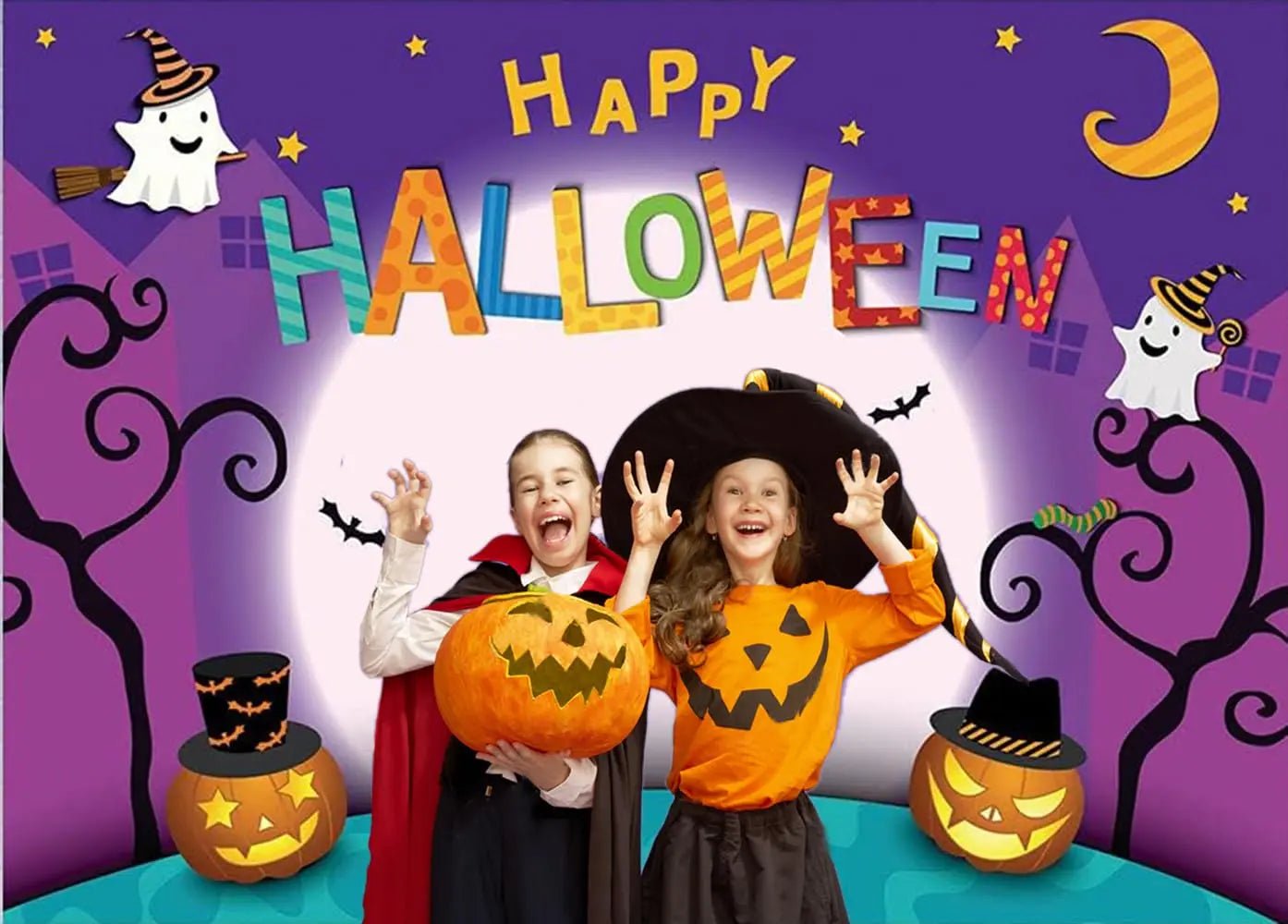 CHAIYA 7x5ft Cartoon Halloween Photo Backdrop - Pumpkin Moon Party Decorations - CY - 137 - Backdrop BlissCHAIYA 7x5ft Cartoon Halloween Photo Backdrop - Pumpkin Moon Party Decorations - CY - 137