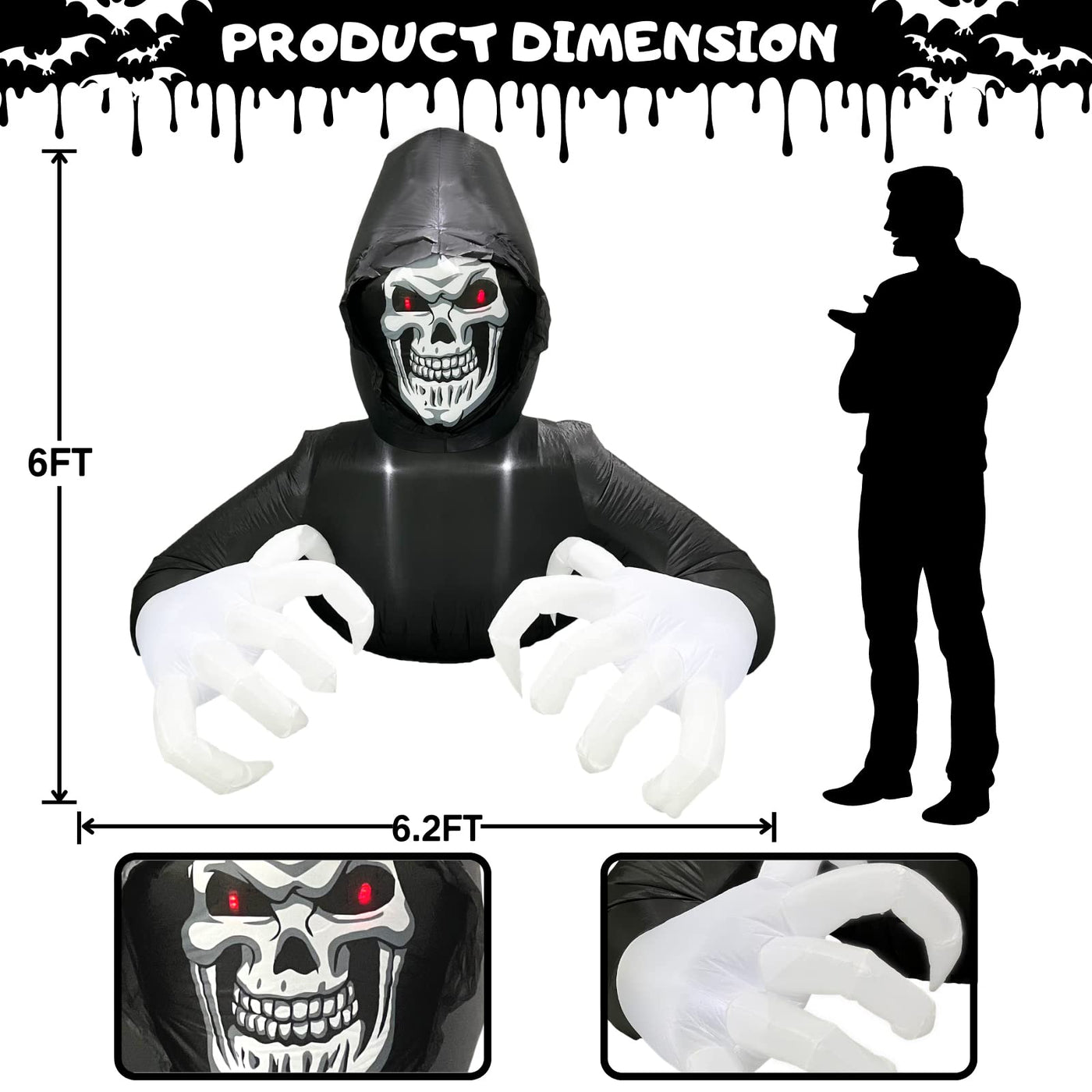 Buheco Inflatable Halloween Decorations Outside Grim Reaper 6FT Giant Scary Blow Up Skeleton Spooky Ghost Outdoor Yard Decor Inflatables Built in LED Lights for Indoor and Lawn Garden Party Holiday Backdrop Bliss