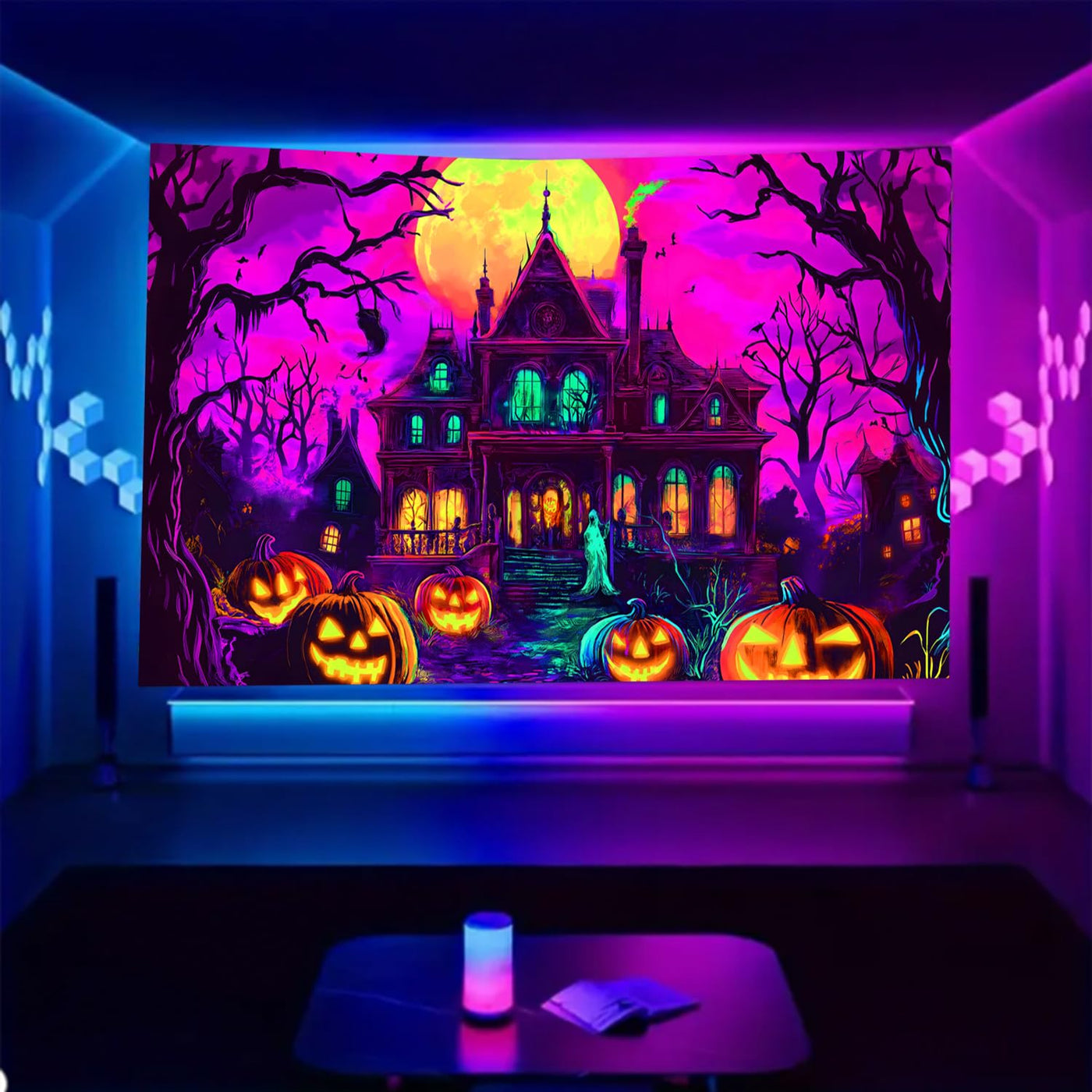 BSFHH Halloween Black Light Tapestry – UV Reactive Glow in the Dark Wall Hanging, Spooky Night Scene with Ghosts & Pumpkins, Haunting Home Decor for Parties, Bedroom, or Dorm (Haunted Houses, 79L" x 59W", Unframed) Backdrop Bliss