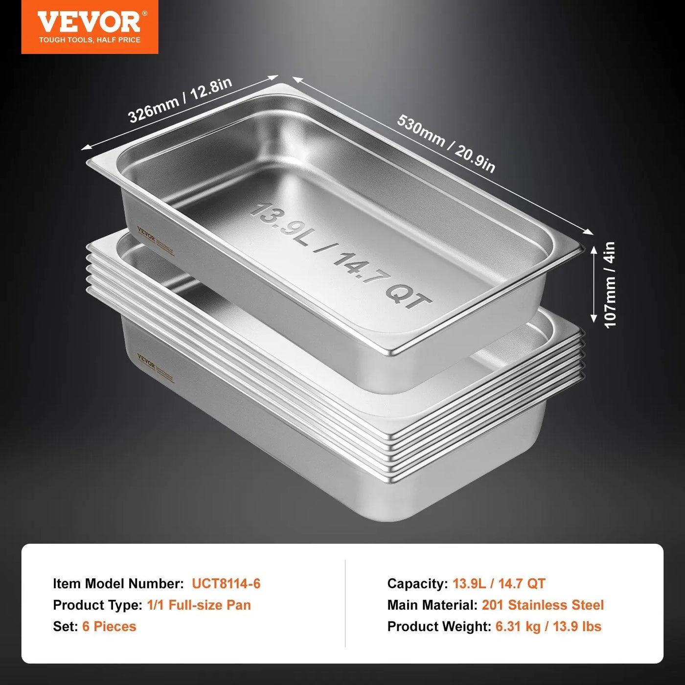 6 Pack Hotel Pans, Full Size Anti-Jam Steam Pan, 0.8mm Thick Stainless Steel Restaurant Steam Table Pan, 4-Inch Deep Commercial Table Pan, Catering Storage Food Pan, For Industrial  Scientific - Backdrop Bliss