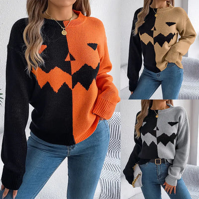 Fall And Winter Halloween Spooky Pumpkin Contrast Long Sleeve Pullover Sweater Women's Clothing Backdrop Bliss