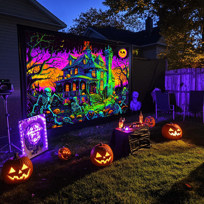 BSFHH Halloween Black Light Tapestry – UV Reactive Glow in the Dark Wall Hanging, Spooky Night Scene with Ghosts & Pumpkins, Haunting Home Decor for Parties, Bedroom, or Dorm (Haunted Houses, 79L" x 59W", Unframed) Backdrop Bliss