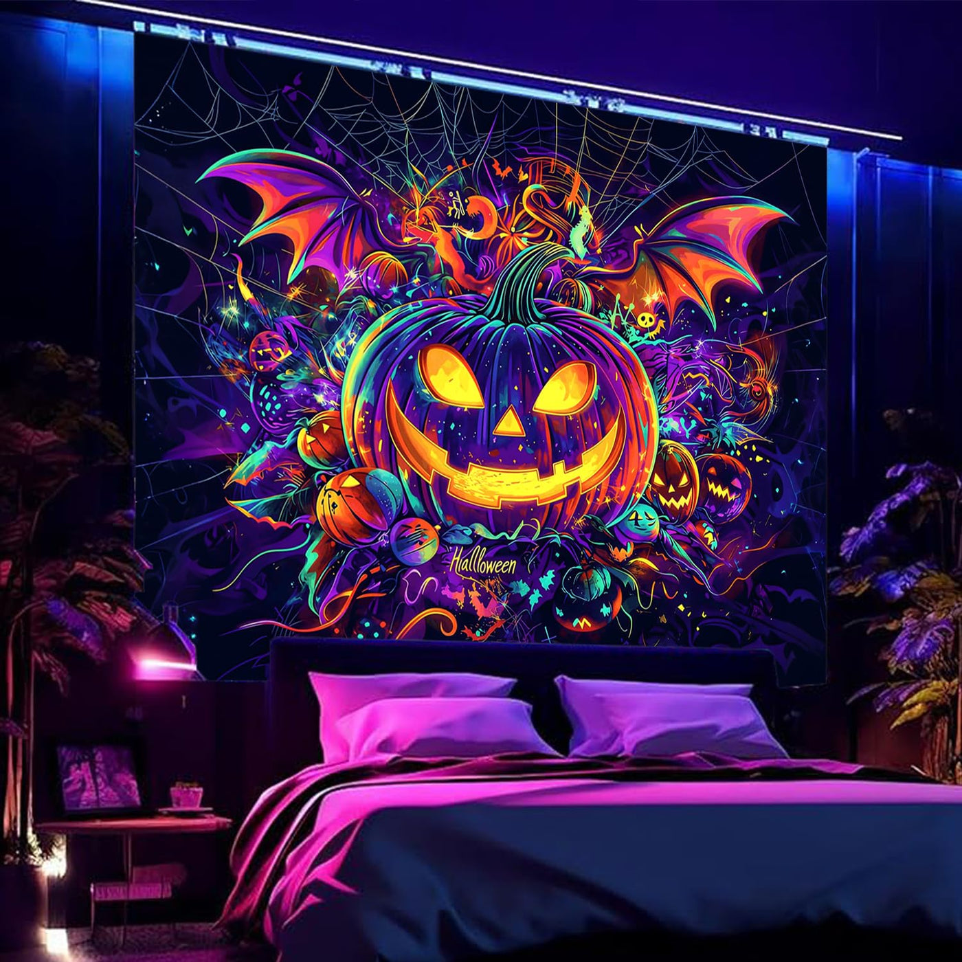 BSFHH Halloween Black Light Tapestry – UV Reactive Glow in the Dark Wall Hanging, Spooky Night Scene with Ghosts & Pumpkins, Haunting Home Decor for Parties, Bedroom, or Dorm (Haunted Houses, 79L" x 59W", Unframed) Backdrop Bliss