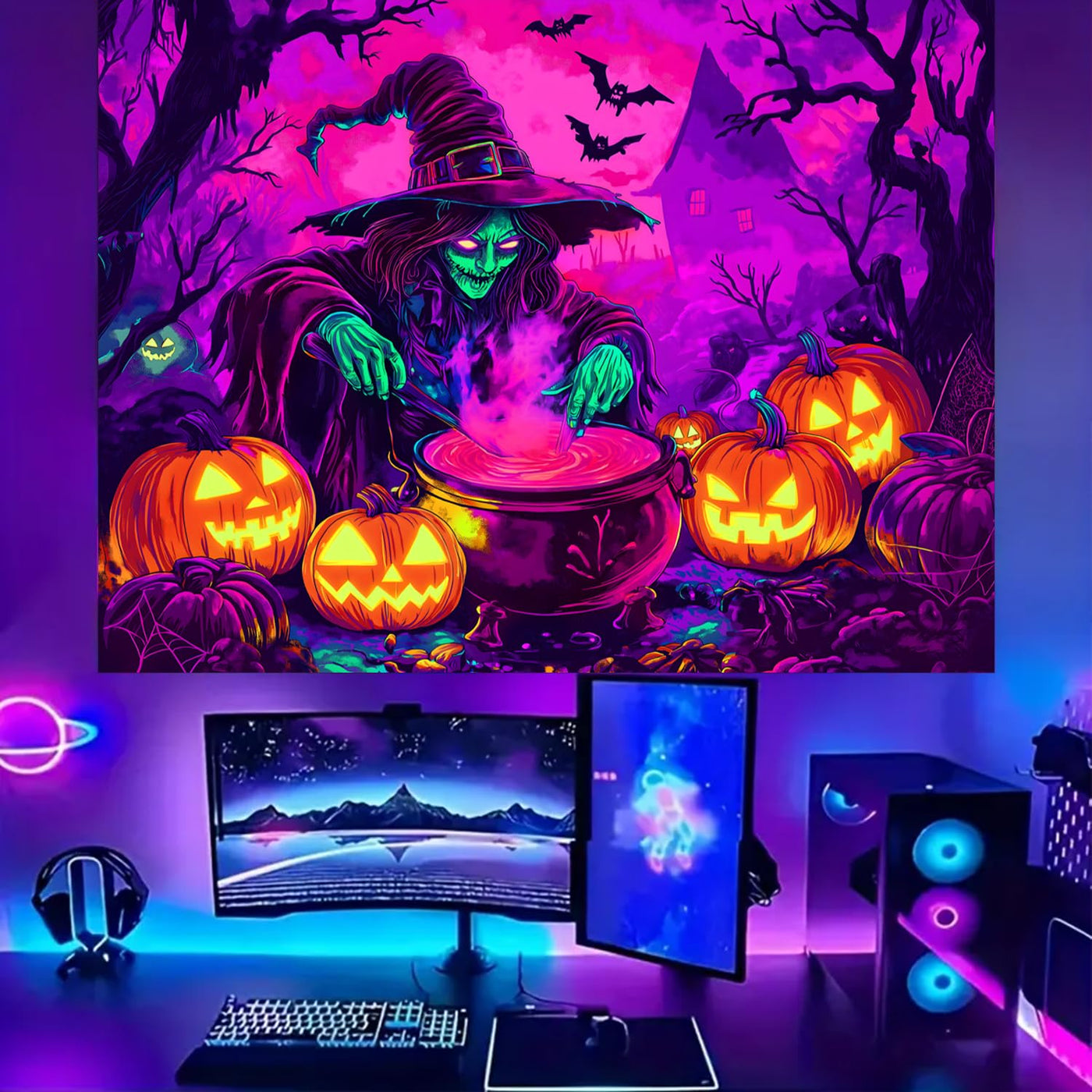 BSFHH Halloween Black Light Tapestry – UV Reactive Glow in the Dark Wall Hanging, Spooky Night Scene with Ghosts & Pumpkins, Haunting Home Decor for Parties, Bedroom, or Dorm (Haunted Houses, 79L" x 59W", Unframed) Backdrop Bliss