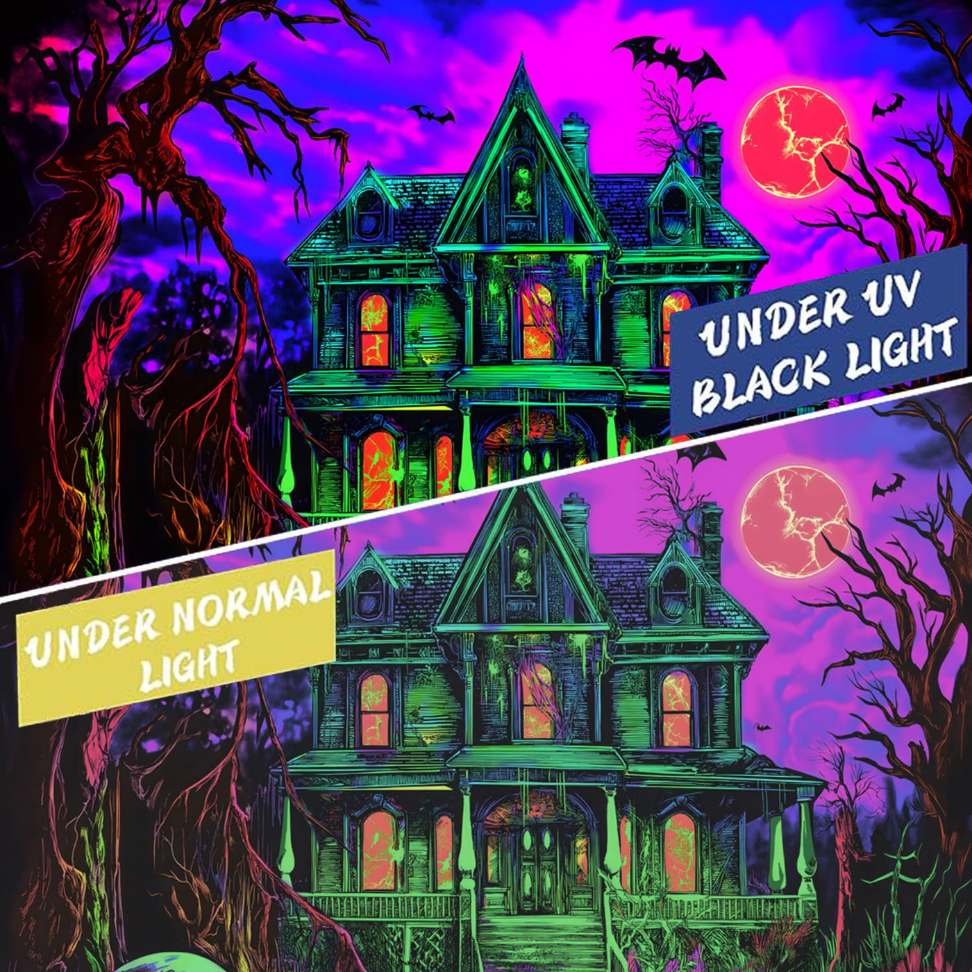 BSFHH Halloween Black Light Tapestry – UV Reactive Glow in the Dark Wall Hanging, Spooky Night Scene with Ghosts & Pumpkins, Haunting Home Decor for Parties, Bedroom, or Dorm (Haunted Houses, 79L" x 59W", Unframed) Backdrop Bliss