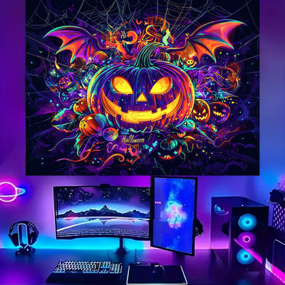 BSFHH Halloween Black Light Tapestry – UV Reactive Glow in the Dark Wall Hanging, Spooky Night Scene with Ghosts & Pumpkins, Haunting Home Decor for Parties, Bedroom, or Dorm (Haunted Houses, 79L" x 59W", Unframed) Backdrop Bliss
