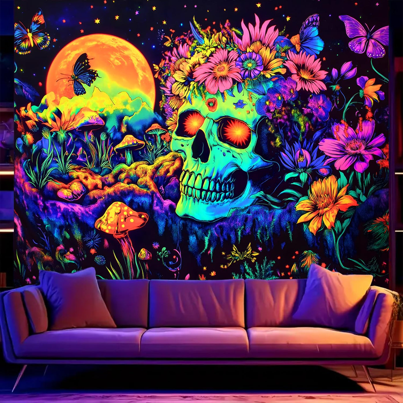 BSFHH Halloween Black Light Tapestry – UV Reactive Glow in the Dark Wall Hanging, Spooky Night Scene with Ghosts & Pumpkins, Haunting Home Decor for Parties, Bedroom, or Dorm (Haunted Houses, 79L" x 59W", Unframed) Backdrop Bliss