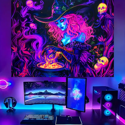 BSFHH Halloween Black Light Tapestry – UV Reactive Glow in the Dark Wall Hanging, Spooky Night Scene with Ghosts & Pumpkins, Haunting Home Decor for Parties, Bedroom, or Dorm (Haunted Houses, 79L" x 59W", Unframed) Backdrop Bliss