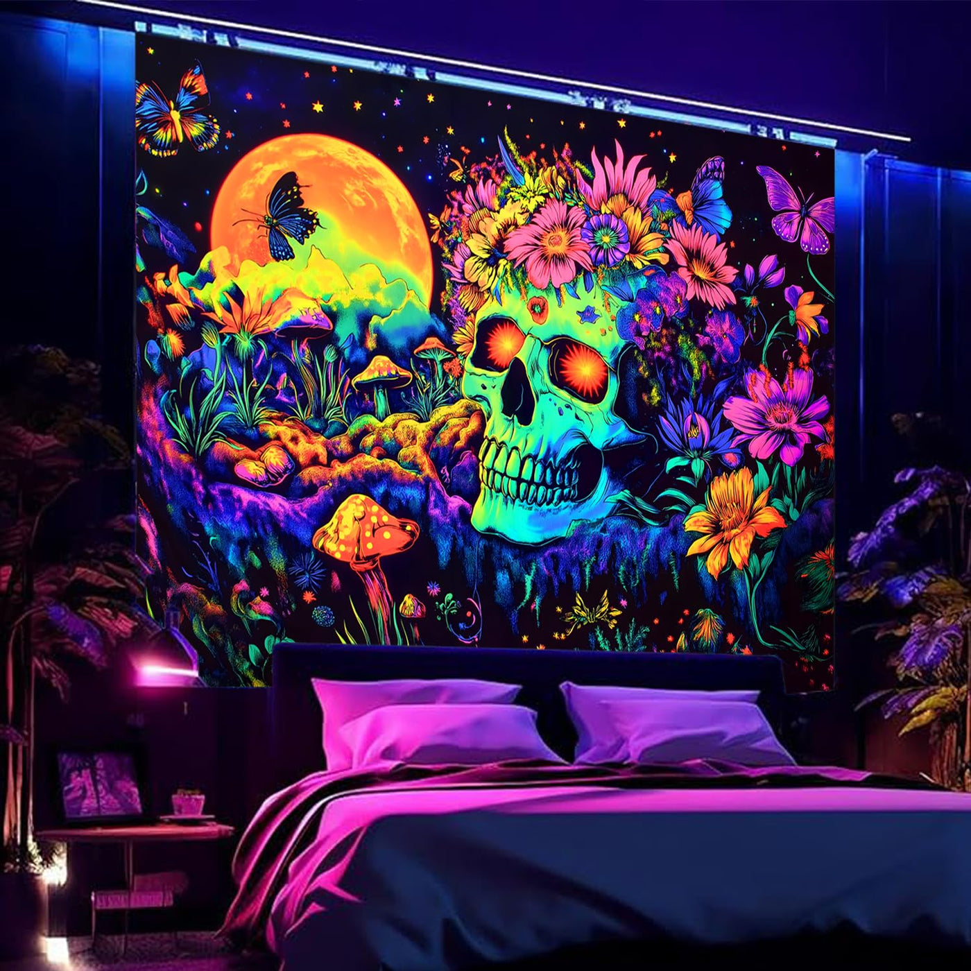 BSFHH Halloween Black Light Tapestry – UV Reactive Glow in the Dark Wall Hanging, Spooky Night Scene with Ghosts & Pumpkins, Haunting Home Decor for Parties, Bedroom, or Dorm (Haunted Houses, 79L" x 59W", Unframed) Backdrop Bliss