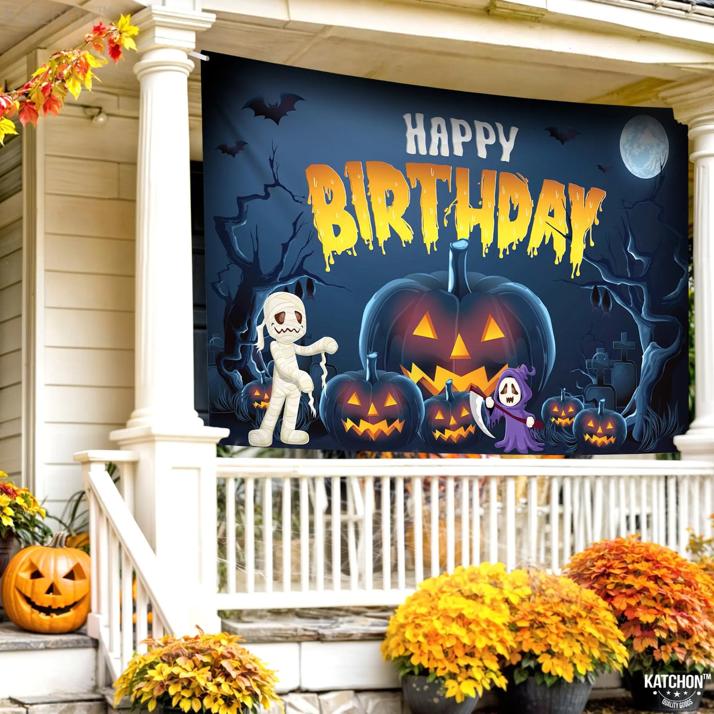 KatchOn XtraLarge Birthday Banner - 72x44 Inch | Happy Birthday Halloween Backdrop for Party Decorations | Jack O Lanterns Banner Backdrop Bliss