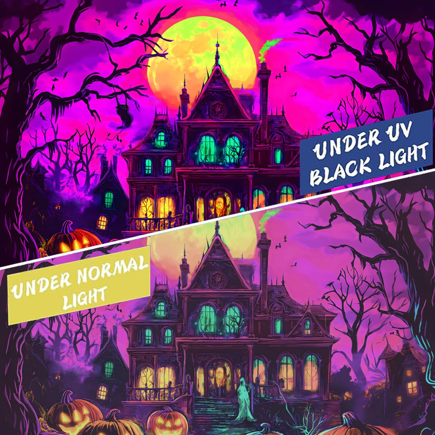 BSFHH Halloween Black Light Tapestry – UV Reactive Glow in the Dark Wall Hanging, Spooky Night Scene with Ghosts & Pumpkins, Haunting Home Decor for Parties, Bedroom, or Dorm (Haunted Houses, 79L" x 59W", Unframed) Backdrop Bliss