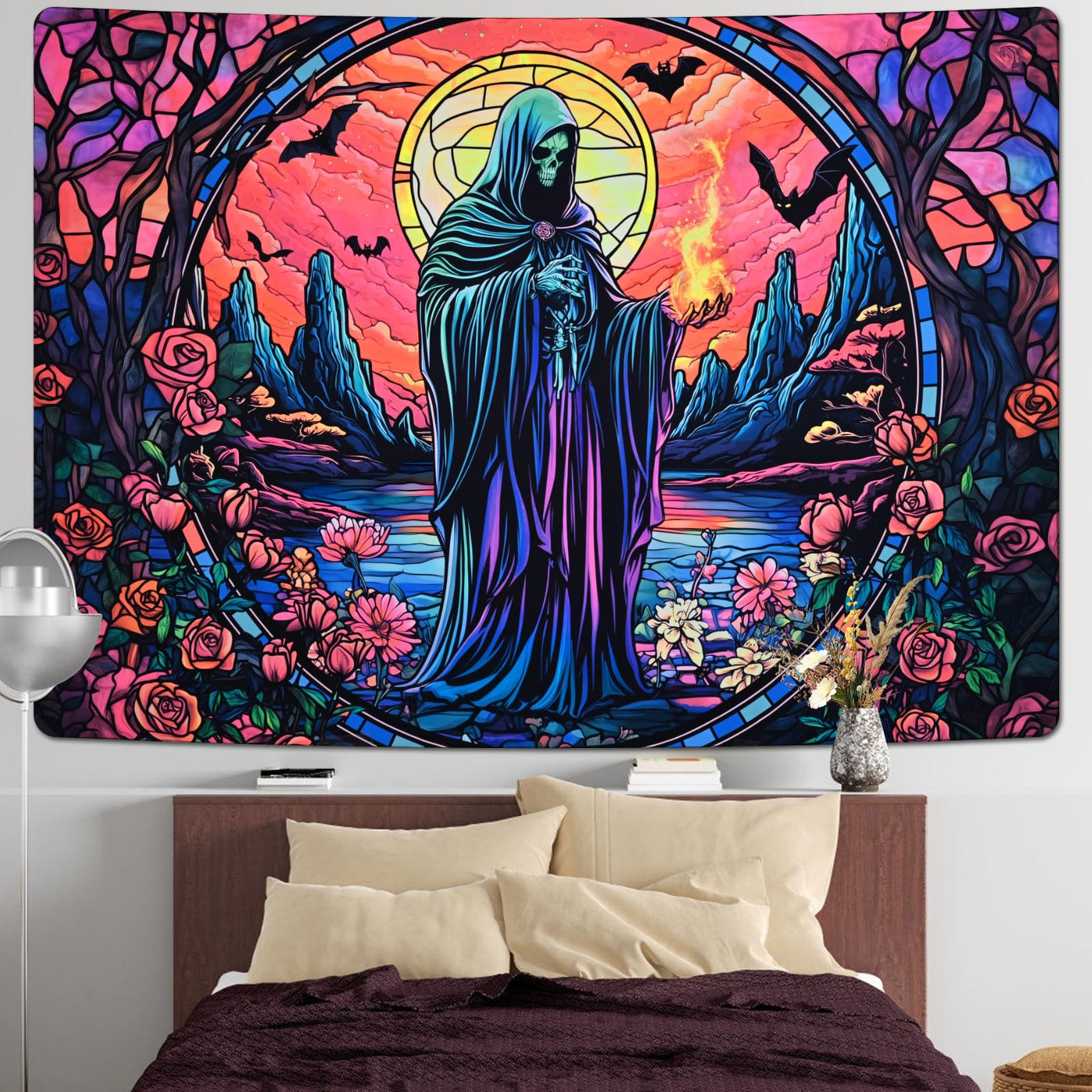Uspring Blacklight Tapestry Hippie Gothic Tapestries Floral Wall Tapestry Wizard Skull Tapestry Wall Hanging Large UV Reactive Tapestry for Bedroom Aesthetic (Red, 51.2 x 59.1 inches) Backdrop Bliss