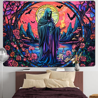 Uspring Blacklight Tapestry Hippie Gothic Tapestries Floral Wall Tapestry Wizard Skull Tapestry Wall Hanging Large UV Reactive Tapestry for Bedroom Aesthetic (Red, 51.2 x 59.1 inches) Backdrop Bliss