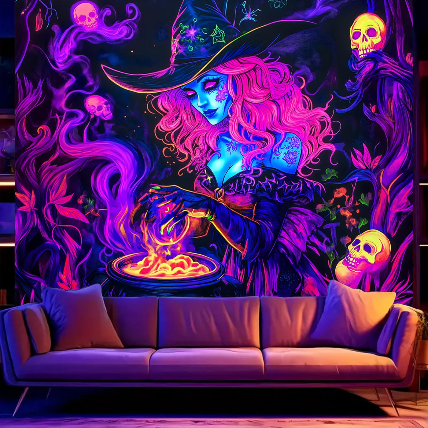 BSFHH Halloween Black Light Tapestry – UV Reactive Glow in the Dark Wall Hanging, Spooky Night Scene with Ghosts & Pumpkins, Haunting Home Decor for Parties, Bedroom, or Dorm (Haunted Houses, 79L" x 59W", Unframed) Backdrop Bliss