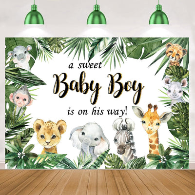 InMemory Jungle Safari Baby Shower Backdrop A Sweet Baby Boy is on His Way Wild Green Leaves Animals Cake Table Decorations Banner Photography Background 5x3ft - Backdrop BlissInMemory Jungle Safari Baby Shower Backdrop A Sweet Baby Boy is on His Way Wild Green Leaves Animals Cake Table Decorations Banner Photography Background 5x3ft