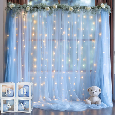 10x10ft Champagne Tulle Backdrop Curtain with Lights String for Parites, Sheer Backdrop Curtains for Wedding Baby Shower Birthday Party Photo Shoot Decorations - Backdrop Bliss10x10ft Champagne Tulle Backdrop Curtain with Lights String for Parites, Sheer Backdrop Curtains for Wedding Baby Shower Birthday Party Photo Shoot Decorations