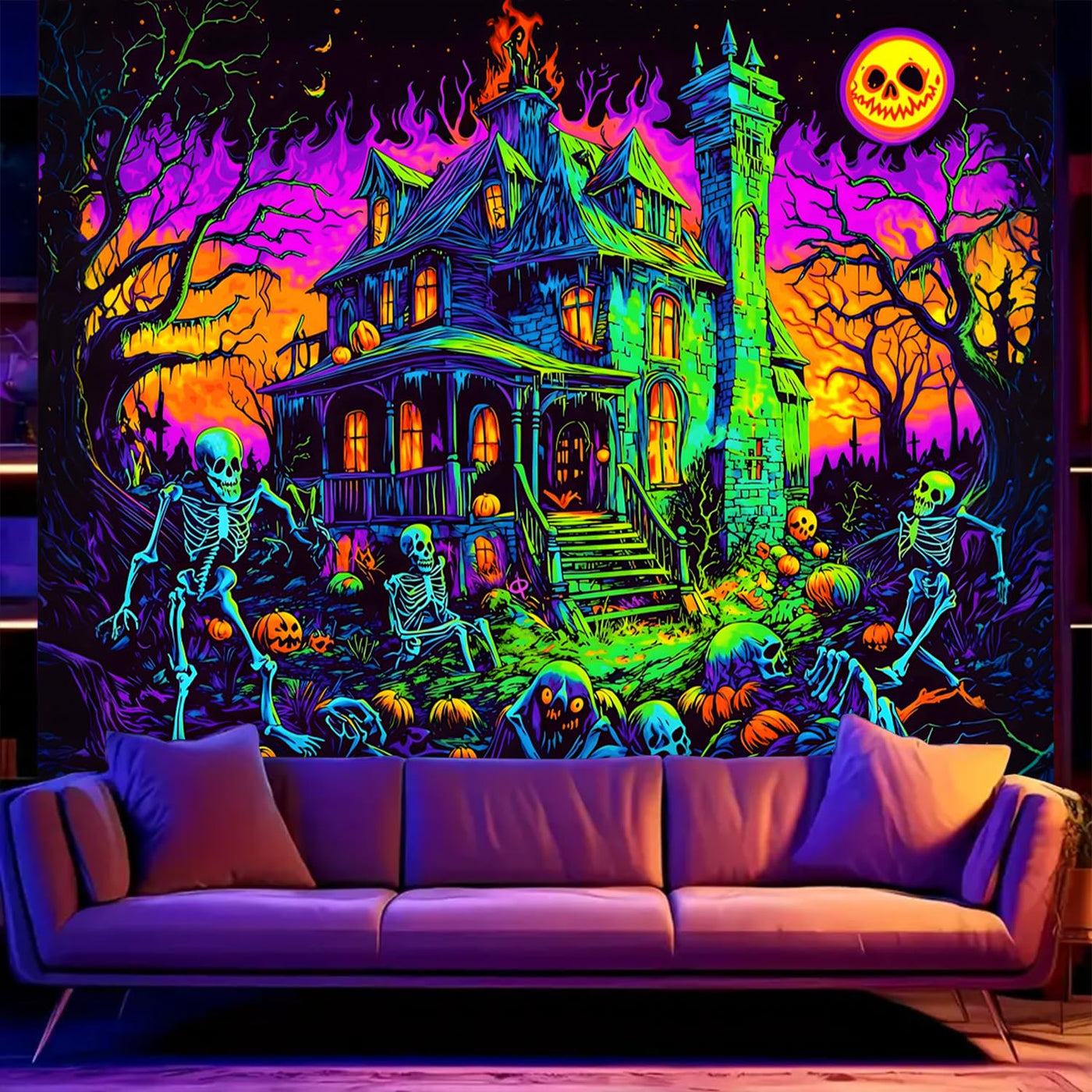 BSFHH Halloween Black Light Tapestry – UV Reactive Glow in the Dark Wall Hanging, Spooky Night Scene with Ghosts & Pumpkins, Haunting Home Decor for Parties, Bedroom, or Dorm (Haunted Houses, 79L" x 59W", Unframed) Backdrop Bliss