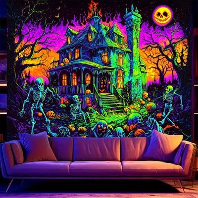 BSFHH Halloween Black Light Tapestry – UV Reactive Glow in the Dark Wall Hanging, Spooky Night Scene with Ghosts & Pumpkins, Haunting Home Decor for Parties, Bedroom, or Dorm (Haunted Houses, 79L" x 59W", Unframed) Backdrop Bliss